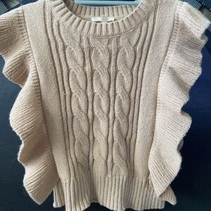 Elegant Cable Knit Ruffle Sweater - Cream